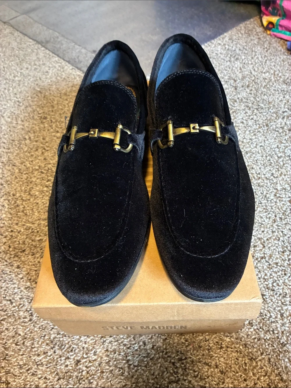 Steve Madden Black Velvet Slip-On Loafers with Gold Bit